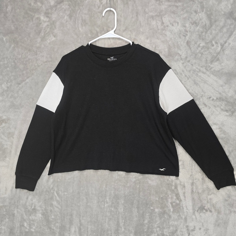 Hollister Womens Black Waffle‎ Knit Boyfriend Tee Long Sleeve Color Block Small